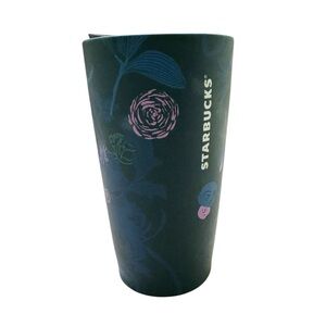 Starbucks Ceramic Blue Green Rising Floral Double Walled Coffee 12 oz Tumbler